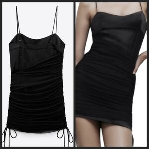 NEW! ZARA Satin & Mesh Ruched Black Party Cocktail Mini Dress Medium.